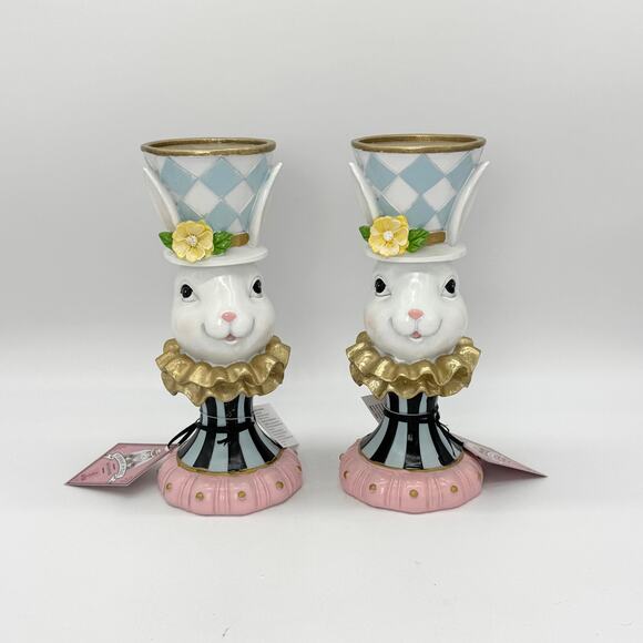 Set of 2 Tophat & Tail Blue Easter Bunny Mad Hatter Pedestal Candle Holder NEW - Picture 6 of 8